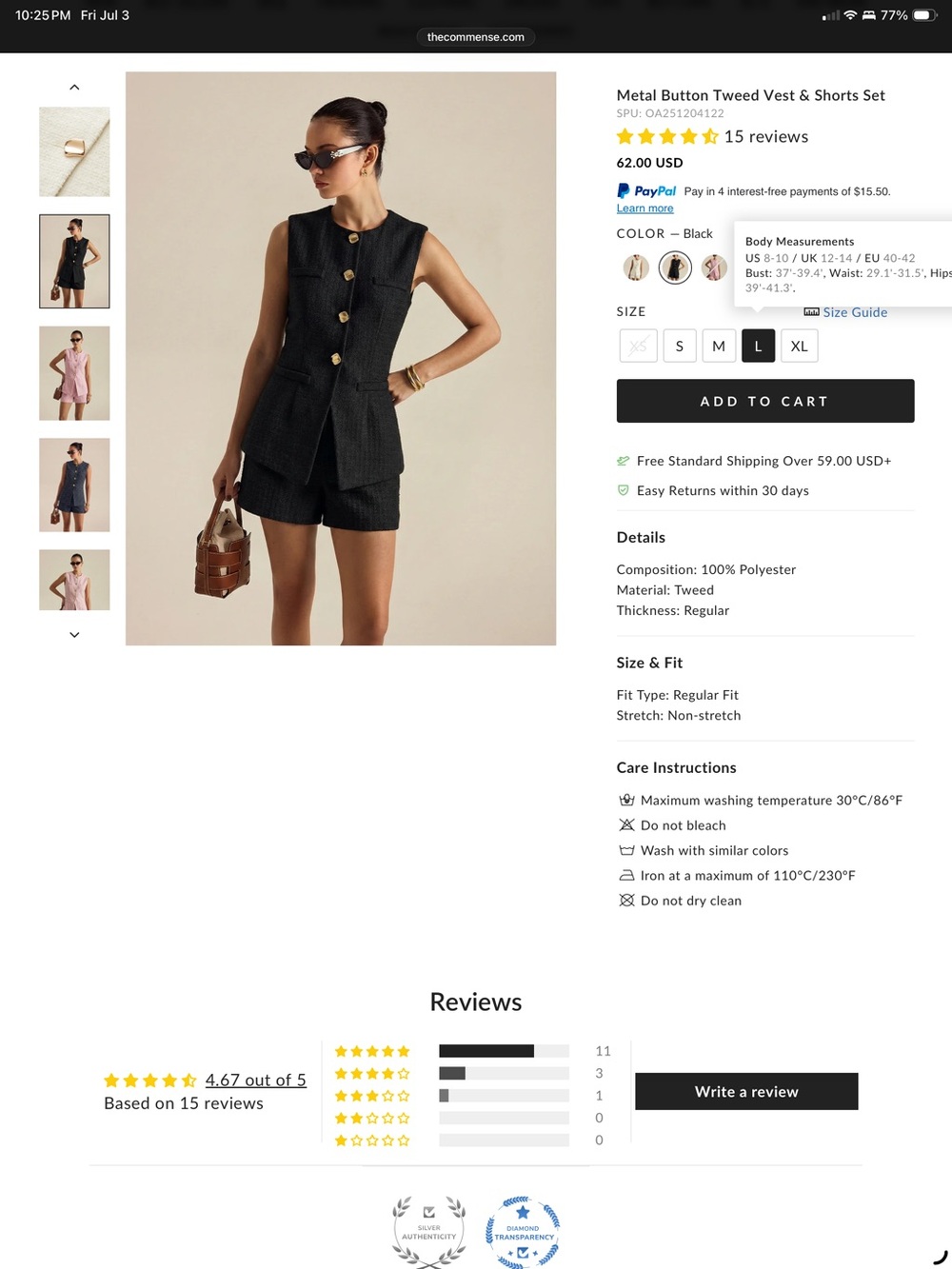 Commense Metal Button Tweed Vest & Shorts Set BLACK - Large - Picture 2 of 10